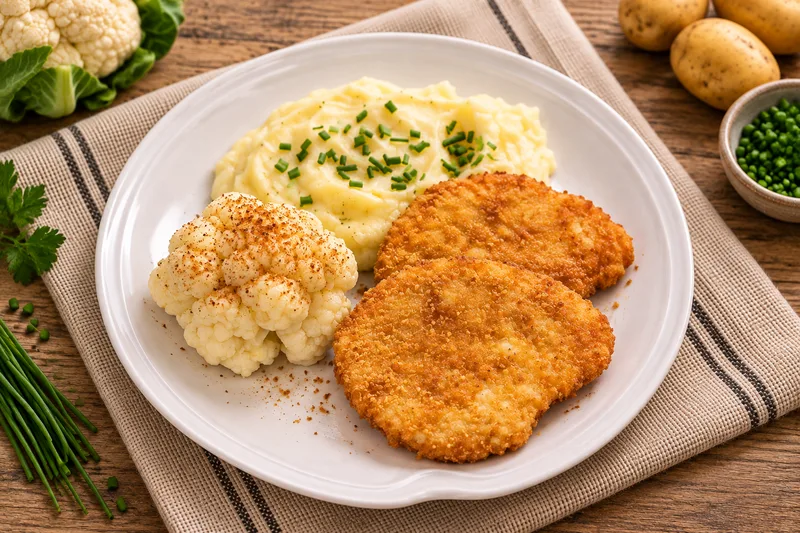 Menüschale 2 kleine vegetarische Schnitzel, Kartoffelpüree und Blumenkohlgemüse