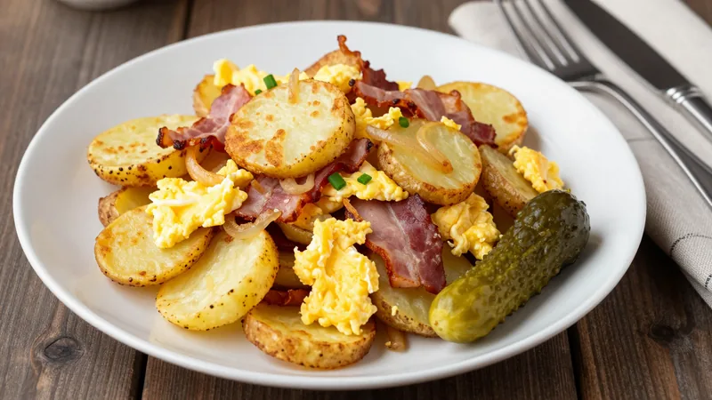Menüschale Bauernfrühstück: Bratkartoffeln mit Speck und Zwiebeln, Rührei, Schinkenstreifen, Gewürzgurke
