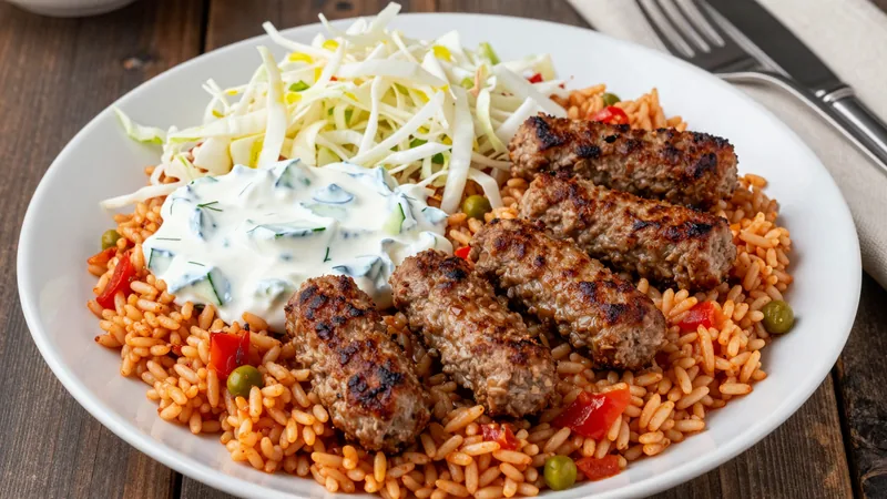 Menüschale Cevapcici auf Djuvec-Reis mit Krautsalat und Zaziki