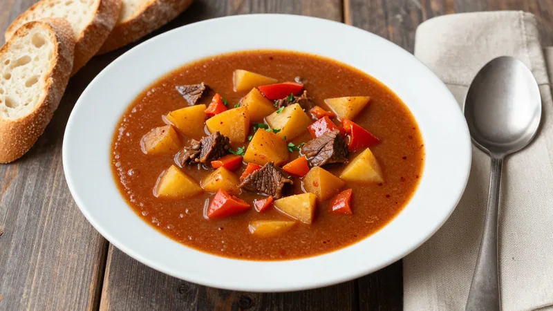 Menüschale Deftige Gulaschsuppe mit Baguette
