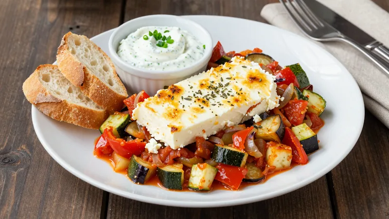 Menüschale Gebackener Feta (Kuhmilch) auf Ratatouillegemüse, Quarkdipp und Baguette