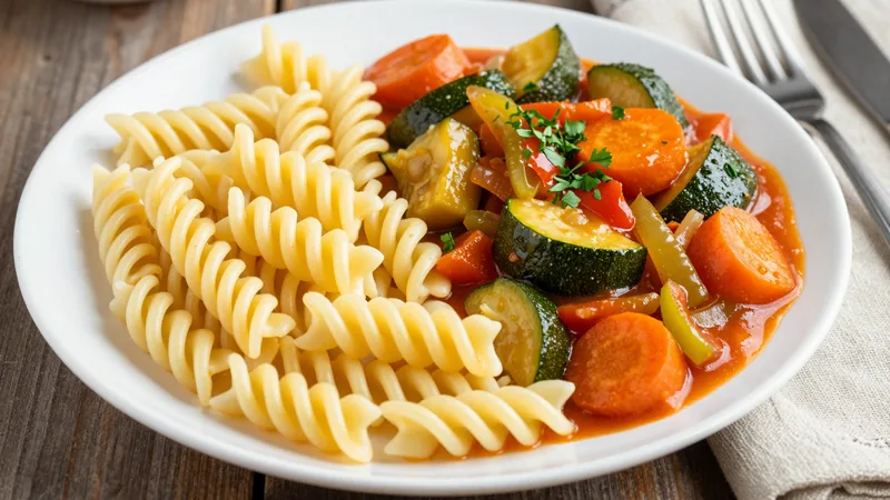 Menüschale Gemüsegulasch mit Spiralnudeln