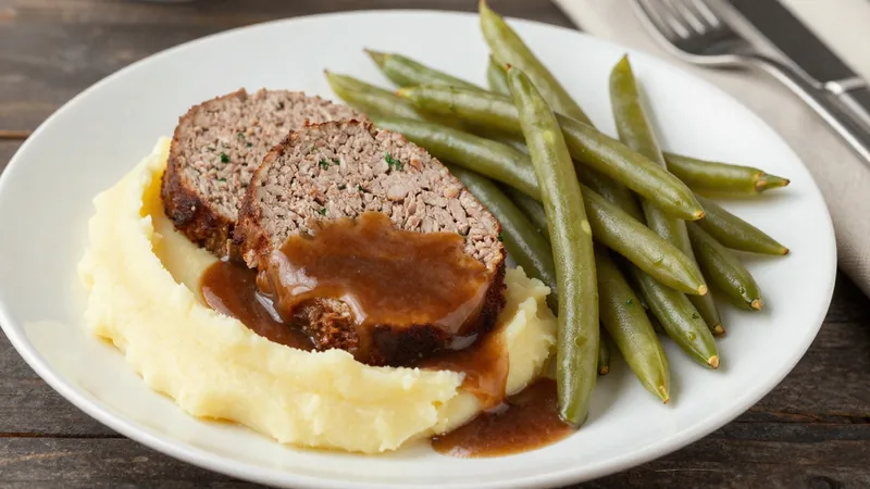 Menüschale Hackbraten auf Kartoffelpüree mit Sauce und Bohnengemüse