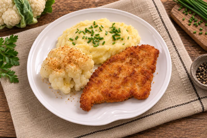 Menüschale Hähnchenschnitzel mit Kartoffelpüree und Blumenkohlgemüse