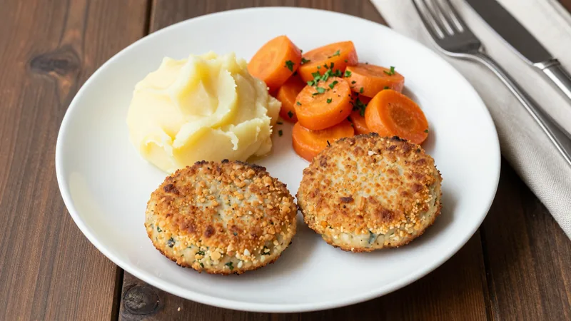 Menüschale Hausgemachte Fischfrikadelle mit Kartoffelpüree und Möhrengemüse