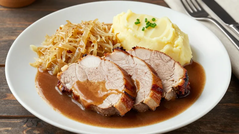Menüschale Haxenfleisch mit Sauerkraut, Kartoffelpüree und Sauce