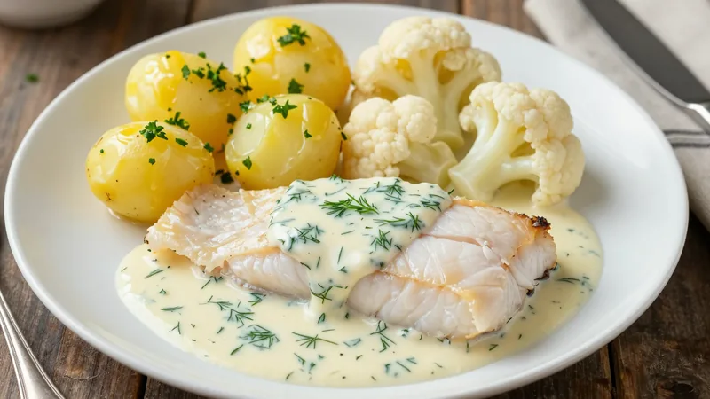Menüschale Kabeljaufilet in Dill-Sahnesauce mit Schwenkkartoffeln und Blumenkohlgemüse