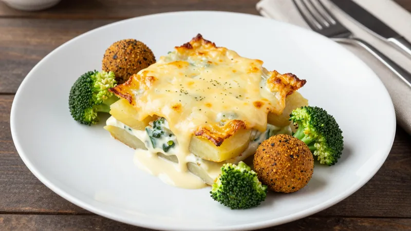 Menüschale Kartoffel – Gemüseauflauf mit Falafelbällchen und Käse überbacken