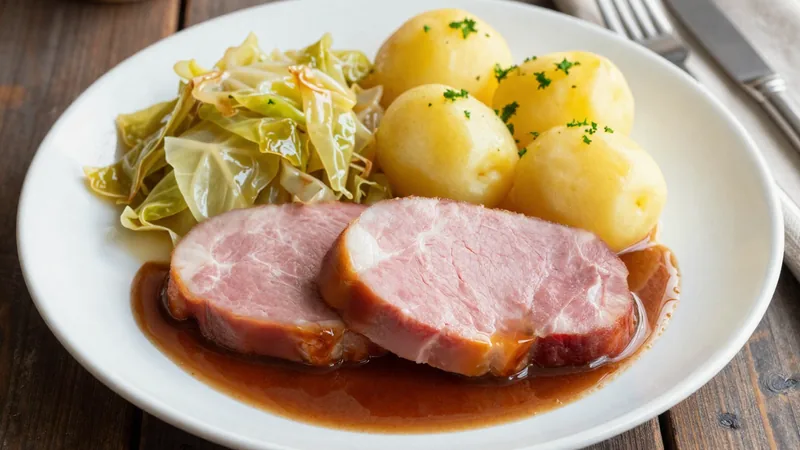 Menüschale Kasselerbraten mit Bratensauce, Kartoffeln und Spitzkohlgemüse