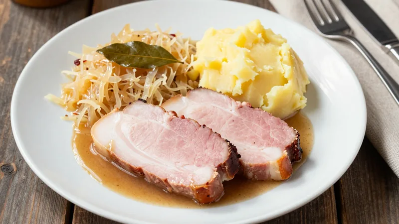 Menüschale Kasselerbraten mit Sauce, Sauerkraut und Stampfkartoffeln