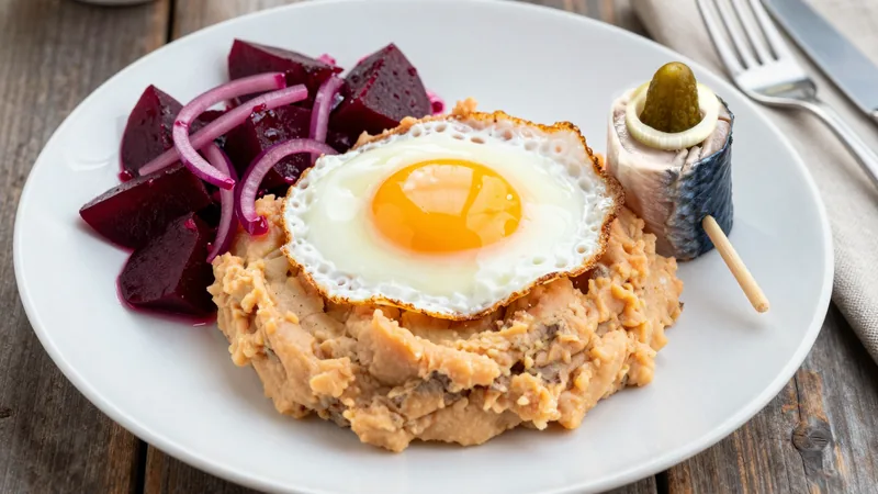 Menüschale Labskaus mit Spiegelei Rote Bete Salat und Rollmops extra