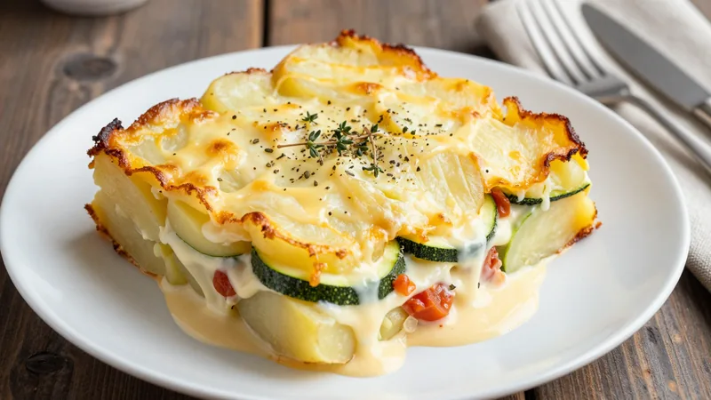 Menüschale Mediterraner Kartoffelauflauf mit Zucchini und Käse überbacken