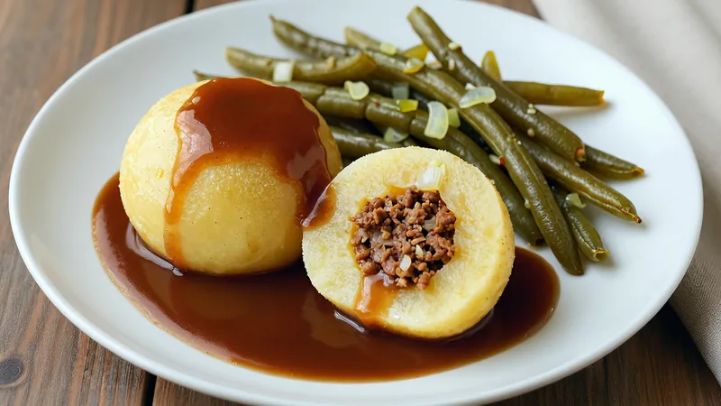 Menüschale Mit Hackfleisch gefüllte Kartoffelklöße, Bratensauce und Bohnensalat