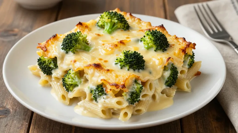 Menüschale Nudelauflauf mit Sahnesauce und Brokkoli Käse überbacken