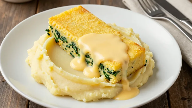 Menüschale Polenta-Spinatschnitte auf Kartoffelpüree mit Käsesauce