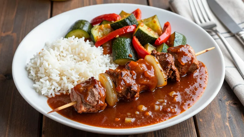 Menüschale Schaschlikspieß in pikanter Sauce mit Reis und Paprika-Zucchinigemüse
