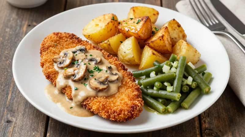 Menüschale Schweineschnitzel mit Champignonrahmsauce, Röstkartoffeln und Bohnensalat