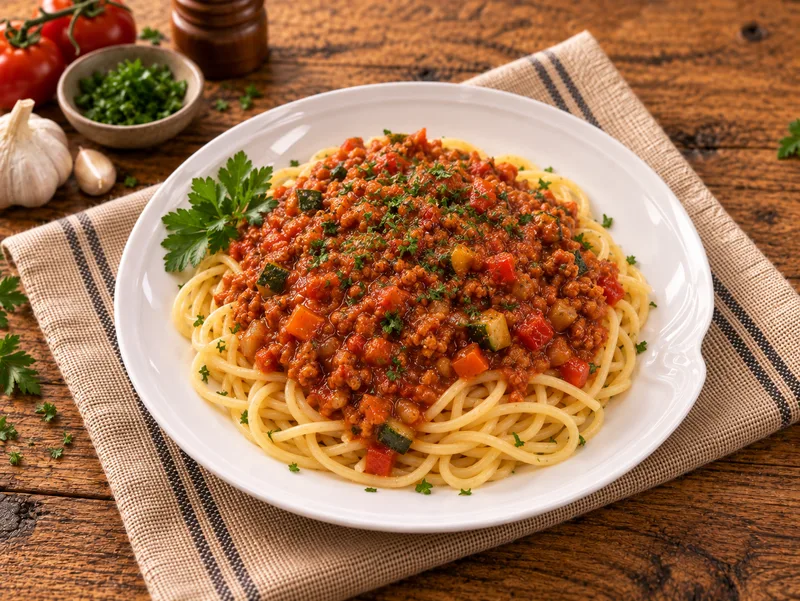 Menüschale Spaghetti mit Soja-Gemüsebolognese, Salat
