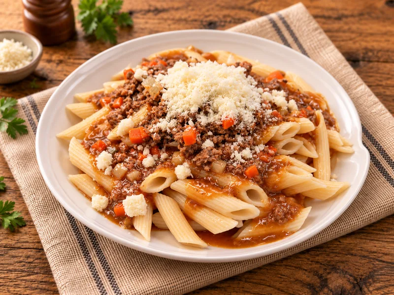 Menüschale Spiralnudeln mit Bologneser Sauce, Salat und Parmesankäse