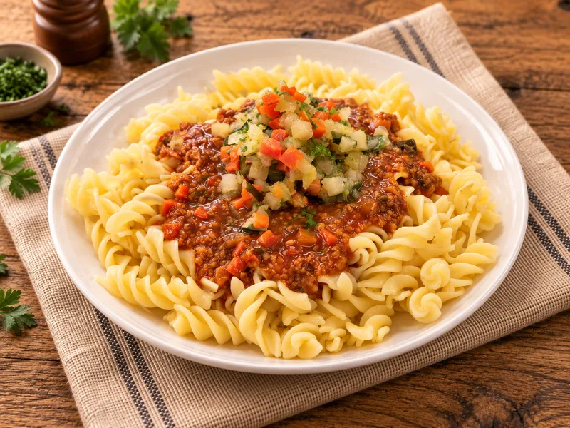 Menüschale Spiralnudeln mit Grünkern-Bolognesensauce